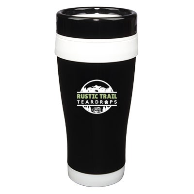 14 Oz. Formula Seven Stainless Steel Travel Mug with Black Lid And White Accents