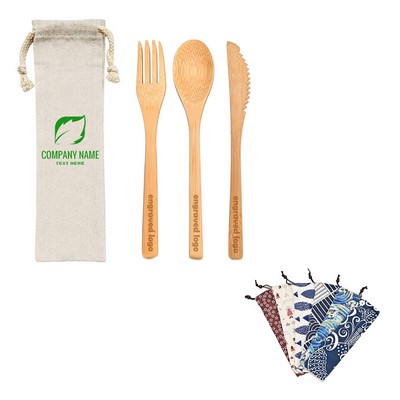 3 Piece Bamboo Utensil Set in Travel Pouch