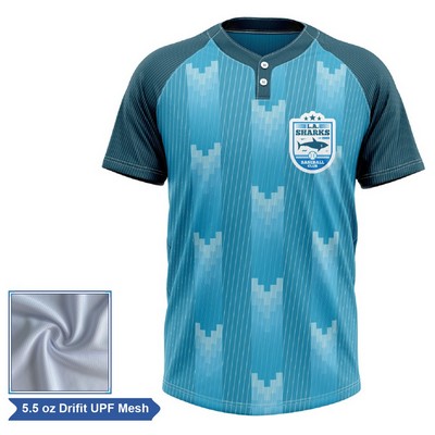 Sublimation 2-Button Baseball Henley - UPF Drifit Mesh - Men Women Kids