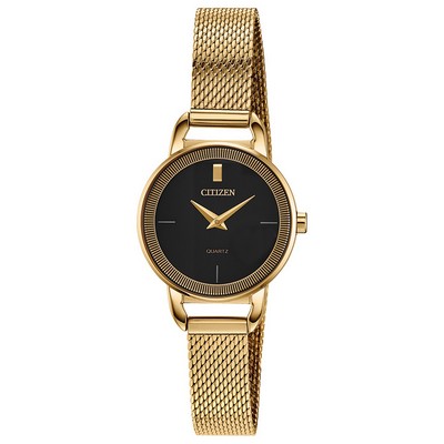 Citizen® Ladies' Quartz Gold-Tone Mesh Watch w/Black Dial