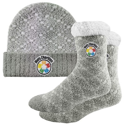 Rolled Fuzzy Beanie Cap & Sherpa Lined Fuzzy Feet Combo