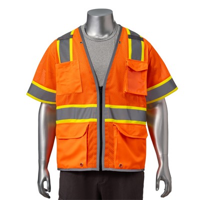 Hi Vis Class 3 - 3.8oz. Knitted Two Tone Reflective Tape Safety Vest With Dual Mic Tab & 4 Pockets