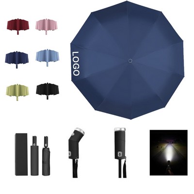 42" High-Density Waterproof Fabric Automatic Folding Umbrella w/LED Flashlight (MOQ 30pcs)