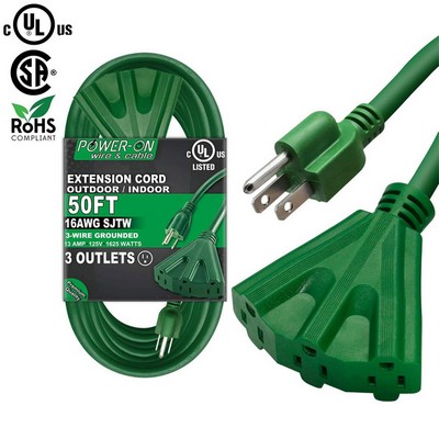 50 Ft Extension Cord with 3 Outlets, UL Listed 16/3 SJTW 3-Wire Grounded, 13A 125V 1625W