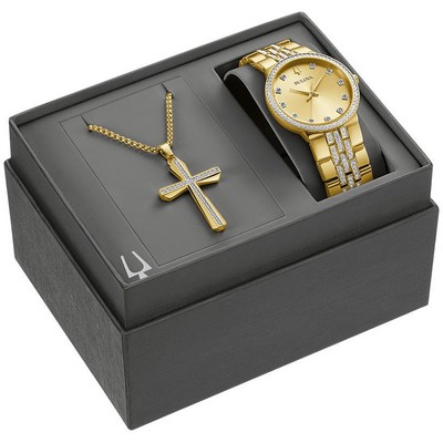 Bulova Watches Men's Crystal Box Set Stainless Steel Bracelet Watch, Champagne Dial