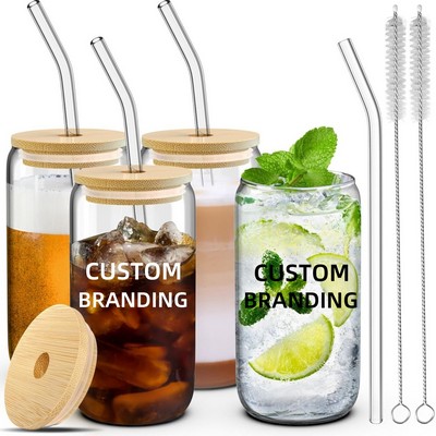 16oz Drinking Glass Cup With Bamboo Lid and Glass Straw