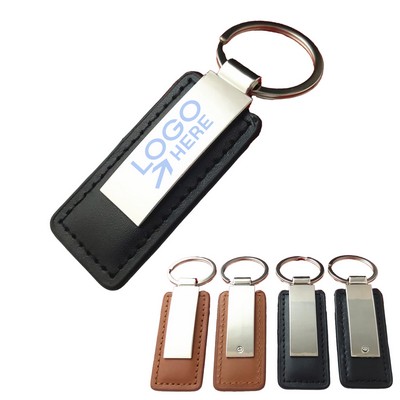 Rectangular Leather Keychain w/ Metal Plate