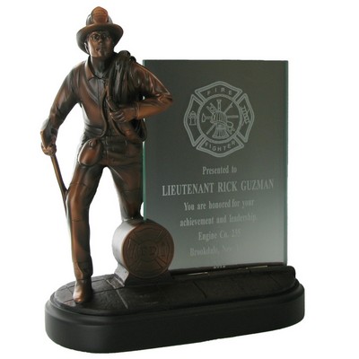 8¼" Electroplated Bronze Firefighter Trophy on Black Base w/Glass Insert