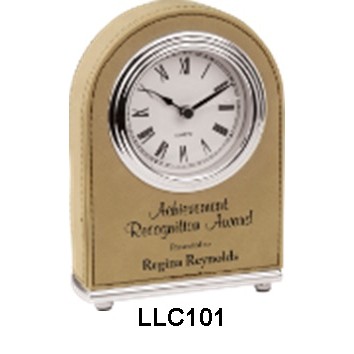 Leatherette Desk Clock - Light Brown/Engraves Black