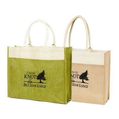 Two-Tone Jute Shopping Bag with Front Pocket & Cotton Webbed Handles