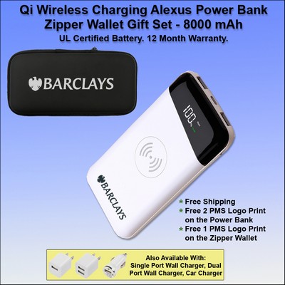 Qi Wireless Charging Alexus Power Bank Zipper Wallet Gift Set 8000 mAh - White