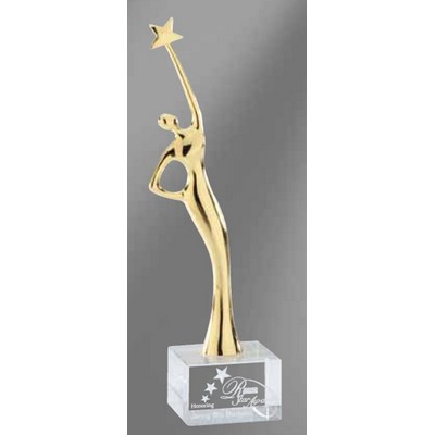 Gold Metal Female Figure Rising Star On Crystal Base