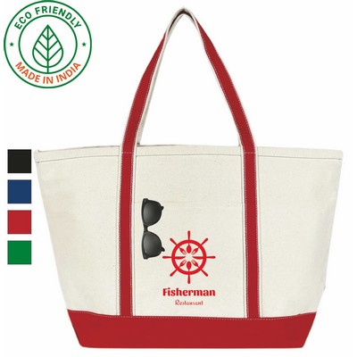 20 oz Cotton Canvas Boat Bag Red Trim - Eco Friendly Anchor Zipper Top Tote - 24 x 15 x 8.5