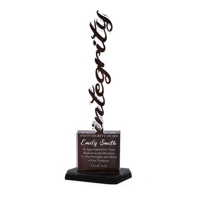 Vertical word on 3 tier asymmetric base with full color imprint. Overall size 12" tall.