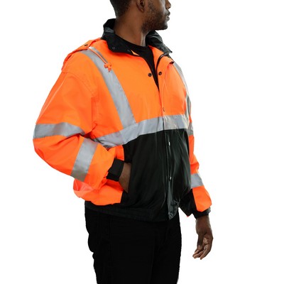 2-Tone Waterproof Bomber Jacket w/ Removable Liner-High Visibility Fluorescent Orange/Black