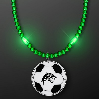 Green LED Bead Necklace with Soccer Ball Medallion - Domestic Imprint