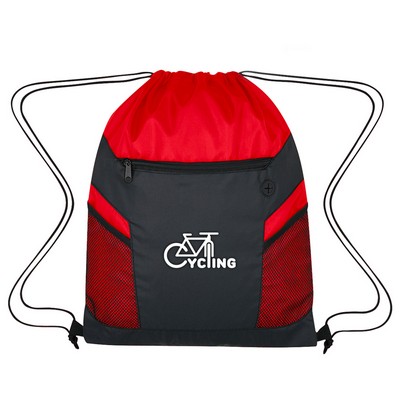 Zippered Drawstring Backpack with Mesh Pockets