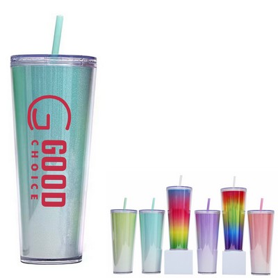 24 Oz Double-wall Plastic Multi-Color Straw Cup