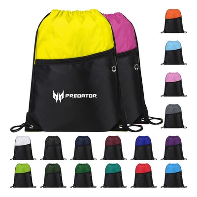 Drawstring Backpack with Two-Tone Design and Front Zipper