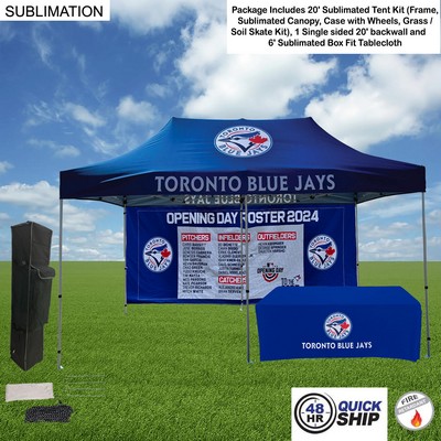 48 Hr Quick Ship - Deluxe Event Package, 20' Sublimated Tent, 20' backwall, 6' Box Fit Tablecloth