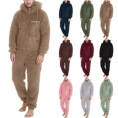 Men's Couple Zippered Warm Plush Jumpsuit Warm Pajamas Overall Sleepwear