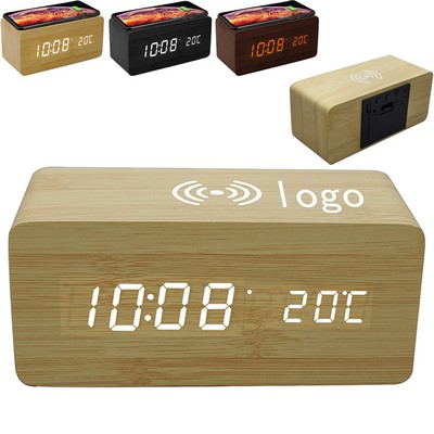 Wooden Led Alarm Clock With Wireless Charger