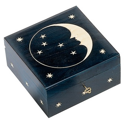 Celestial Dark Blue Wood Box w/Man In Moon & Stars Decoration