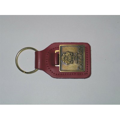 Top Grain Leather Large Rectangle Key Tag w/ Metal Medallion Key Fob