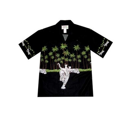 Black Hawaiian Border Print Cotton Poplin Shirt w/ Button Front