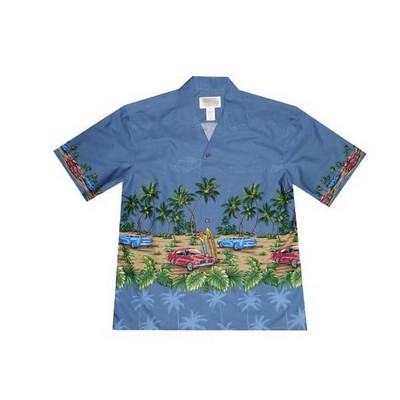 Blue Hawaiian Border Print Cotton Poplin Shirt w/ Button Front