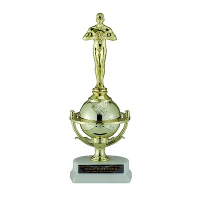 10¾" Gold Globe Trophy w/White Plastic Base & Figure Mount