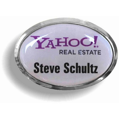 Bright Silver Metal Oval Domed w/ White PVC Insert Printed in Full Color (1 9/16"x 2 3/8")