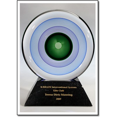 Veiled Disk Glass Sculpture w/ Marble Base (8.25"x8.25"x2.75")