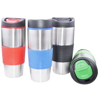 16 Oz. Stainless Steel Tumbler w/Flip Lid & Color Grip Sleeve