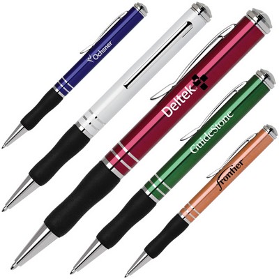 Aluminum Twist Action Ballpoint Pen w/ Black Rubber Grip & Chrome Trim