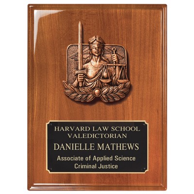 Piano Finish Walnut Plaque with Lady of Justice, 9x12"