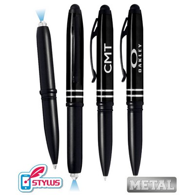 Closeout Union Printed, Black - Dazzling - Metal LED Flashlight Stylus Pen