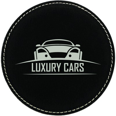 4" Round Black/Silver Leatherette Coaster