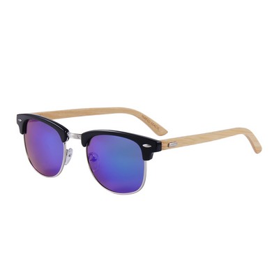 Bamboo Sunglasses - Blue-Green Mirror Lenses - Black Frames