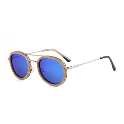 Stainless Steel Sunglasses - Blue Mirror Polarized Lenses - Beech Wood and Stainless Steel Frames