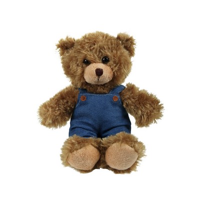 soft plush Mocha Curly Sitting Bear in denim overall