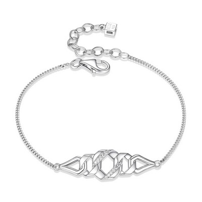 ELLE "Lattice" Sterling Silver Hexagon Link and Pave Cubic Zirconia Station Bracelet - Silver