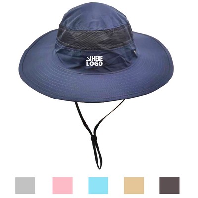 Wide Brim Cotton Summer Fishing Hat With Chin Drawstring