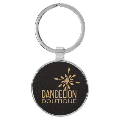 1 1/2" Laserable Leatherette/Metal Black/Gold Round Keychain