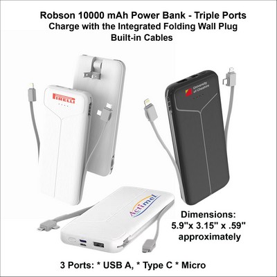 Robson 10000 mAh Power Bank - Triple Ports, Integrated Wall Plug, Built in Cables