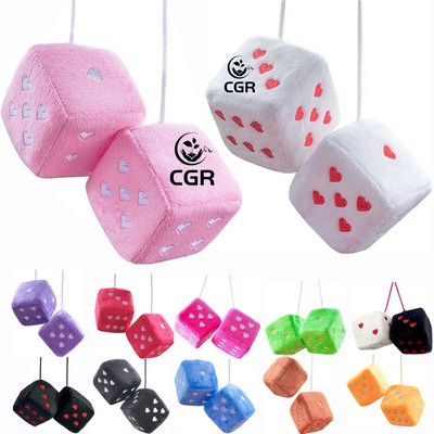 Decorative Pair of 2.75" Fluffy Dice with Heart Shapes for Car Decoration