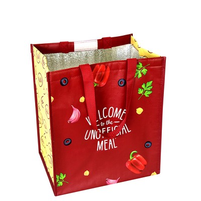 Custom 145g Laminated Woven Insulated Grocery Cooler Bag w/Velcro Closure 13"x15"x10"