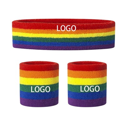 LGBT Pride Rainbow Sports Elastic Sweatband Set w/Terry Headband & Exercise Wristband