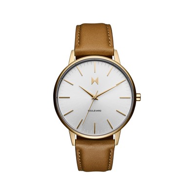 MVMT Boulevard Men's Yellow Gold IP Watch w/Silver Dial & Brown Leather Strap