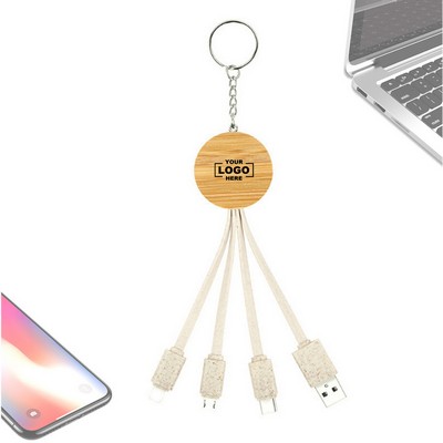 4 in 1 USB Bamboo Fast Charging Cable With Keychain